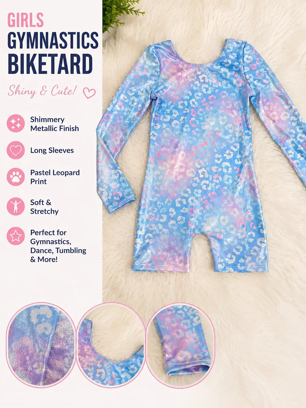 Girls Shimmery Pastel Leopard Long-Sleeve Gymnastics Biketard